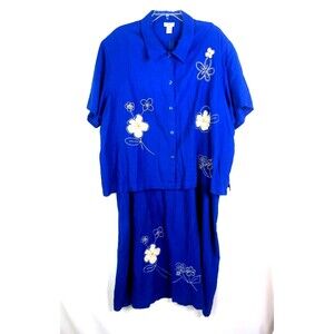 I.S.C. Women Royal Blue Linen Shirt and Dress Size 5X Embroidered Set ISC